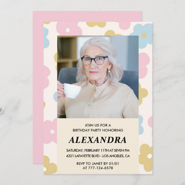 Pink Retro Photo Floral 91st birthday invitation  (Front/Back)