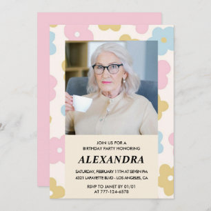 Pink Retro Photo Floral 98th birthday invitation 