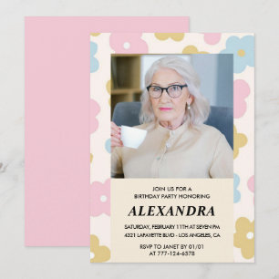Pink Retro Photo Floral 99th birthday invitation