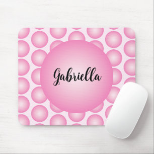 Pink Retro Polka Dot Monogram Script Name Mouse Mat