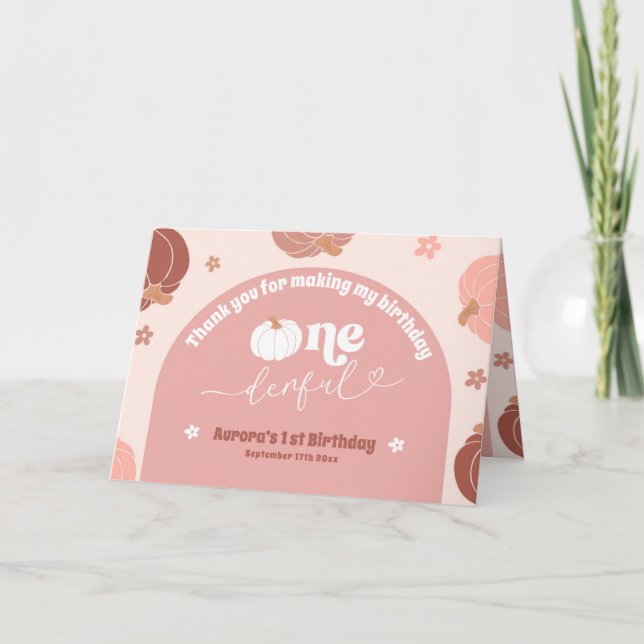 Pink Retro Pumpkin 1st Birthday Folded  Thank You Card (Front)