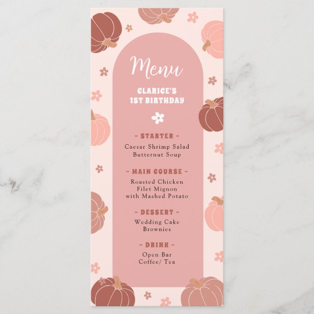 Pink Retro Pumpkin Boho First Birthday Menu (Front)