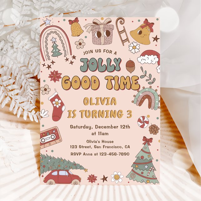 Pink Retro Rainbow Truck Christmas Birthday Party Invitation (Creator Uploaded)