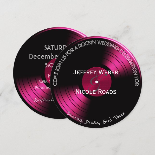 Pink Retro Rock n Roll Vinyl Record Wedding Card (Front/Back)