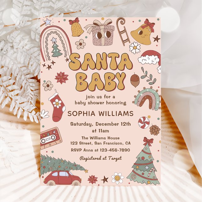 Pink Retro Santa Baby Christmas Baby Shower Invitation (Creator Uploaded)