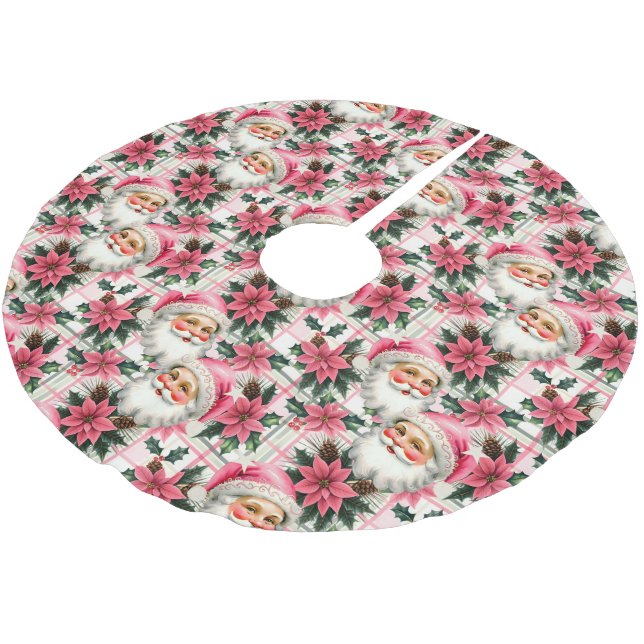 Pink Retro Santa Claus Christmas Floral Plaid  Brushed Polyester Tree Skirt (Angled)