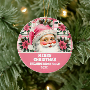 Pink Retro Santa Claus Christmas Floral Plaid  Ceramic Tree Decoration