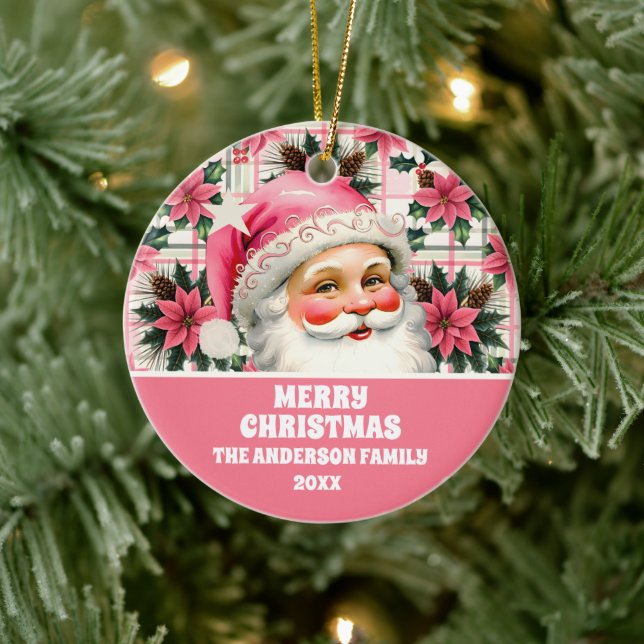 Pink Retro Santa Claus Christmas Floral Plaid  Ceramic Tree Decoration (Tree)
