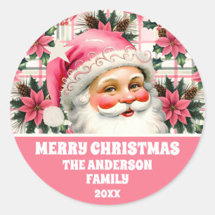 Pink Retro Santa Claus Christmas Floral Plaid  Classic Round Sticker