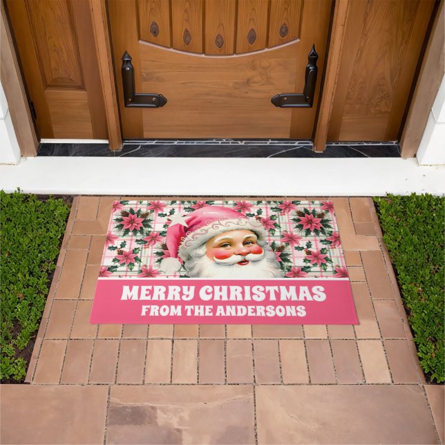 Pink Retro Santa Claus Christmas Floral Plaid Doormat (Outdoor)