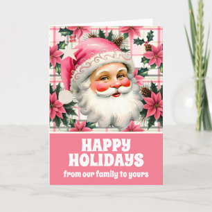 Pink Retro Santa Claus Christmas Floral Plaid Holiday Card