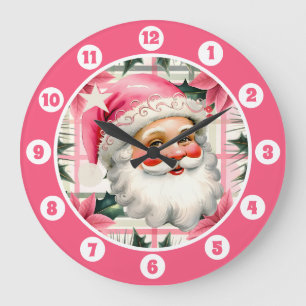 Pink Retro Santa Claus Christmas Floral Plaid Large Clock