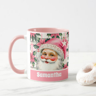 Pink Retro Santa Claus Christmas Floral Plaid  Mug
