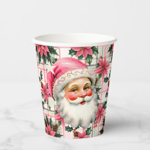 Pink Retro Santa Claus Christmas Floral Plaid Paper Cups