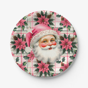 Pink Retro Santa Claus Christmas Floral Plaid Paper Plate