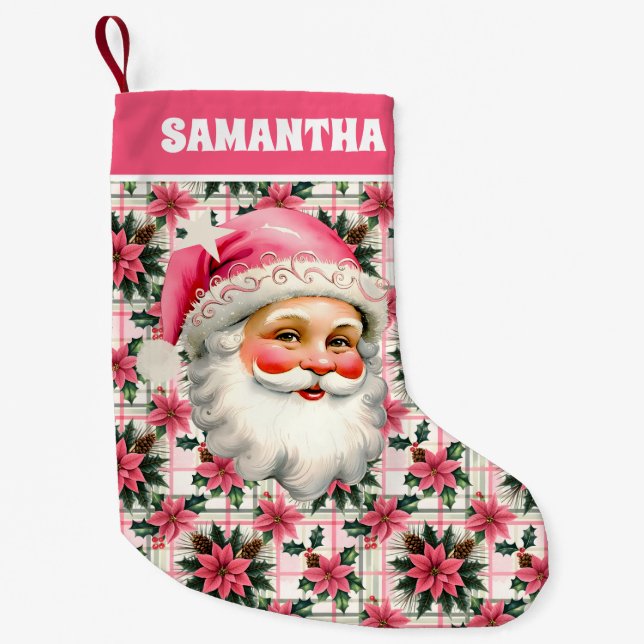 Pink Retro Santa Claus Christmas Floral Plaid Small Christmas Stocking (Front)