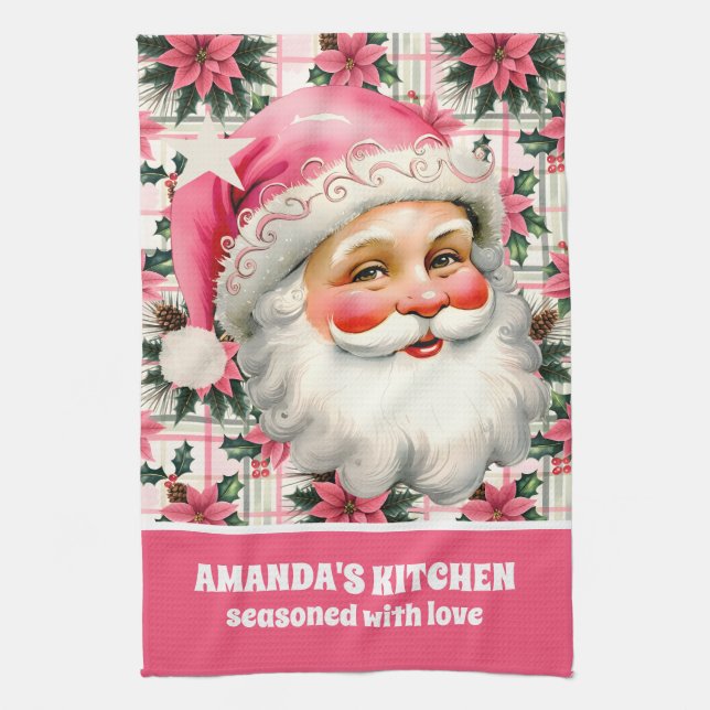 Pink Retro Santa Claus Christmas Floral Plaid Tea Towel (Vertical)