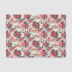 Pink Retro Santa Claus Christmas Floral Plaid Tissue Paper