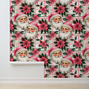 Pink Retro Santa Claus Christmas Floral Plaid Wallpaper