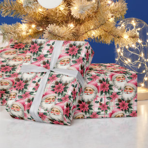 Pink Retro Santa Claus Christmas Floral Plaid Wrapping Paper