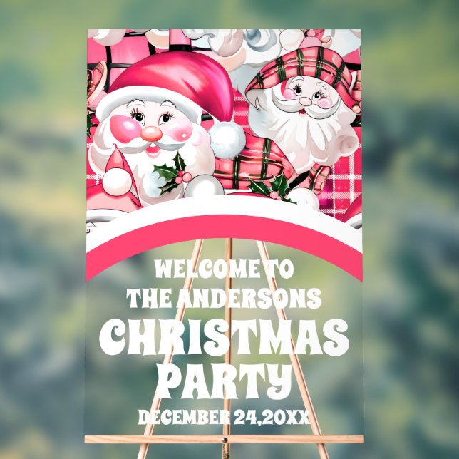 Pink Retro Santa Claus Christmas Party Welcome  Acrylic Sign (Neutral)