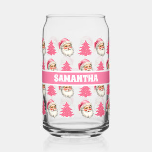 Pink Retro Santa Claus Christmas Tree Can Glass