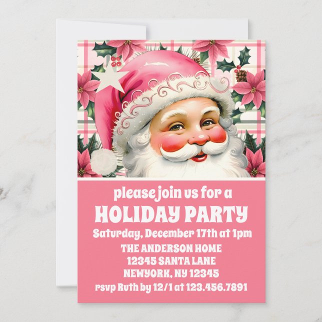 Pink Retro Santa Claus Floral Plaid Christmas Invitation (Front)