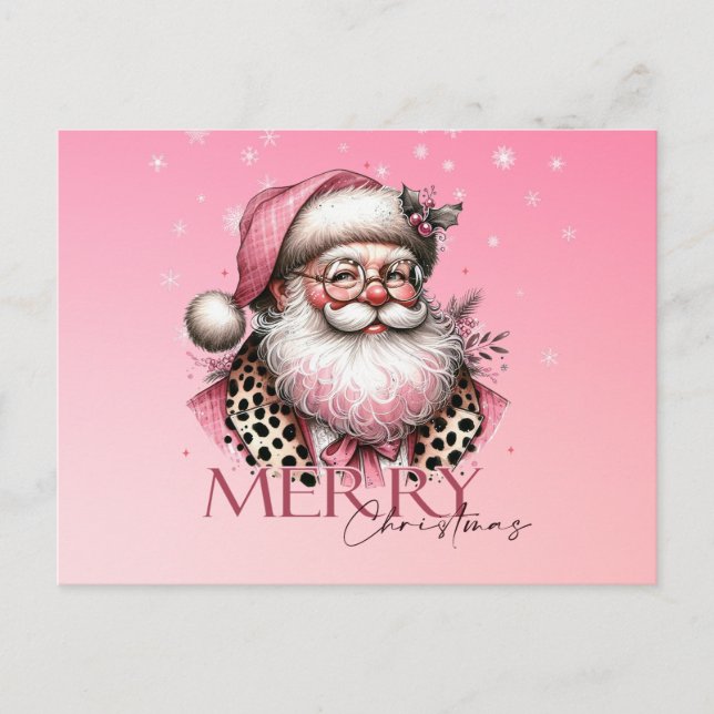  Pink Retro Santa Claus Merry Christmas Holiday Postcard (Front)