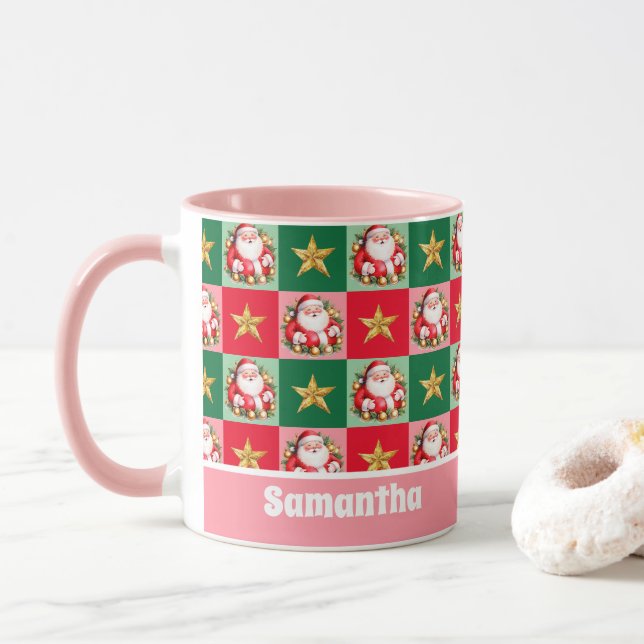 Pink Retro Santa Claus Merry Christmas Kids Mug (With Donut)