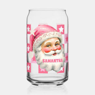 Pink Retro Santa Claus Pink Tartan Plaid Christmas Can Glass