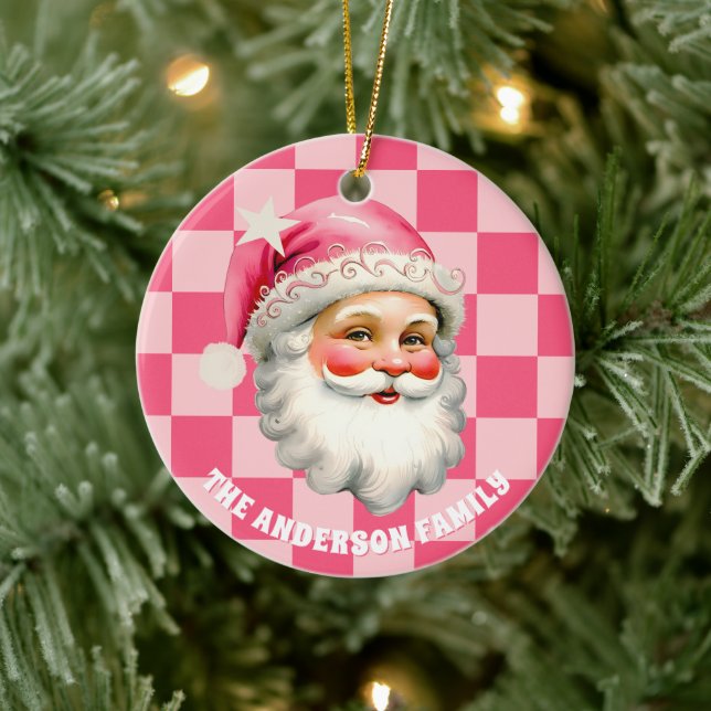 Pink Retro Santa Claus Pink Tartan Plaid Christmas Ceramic Tree Decoration (Tree)