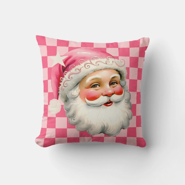 Pink Retro Santa Claus Pink Tartan Plaid Christmas Cushion (Front)
