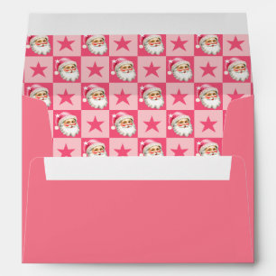Pink Retro Santa Claus Pink Tartan Plaid Christmas Envelope