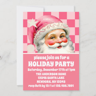 Pink Retro Santa Claus Pink Tartan Plaid Christmas Invitation