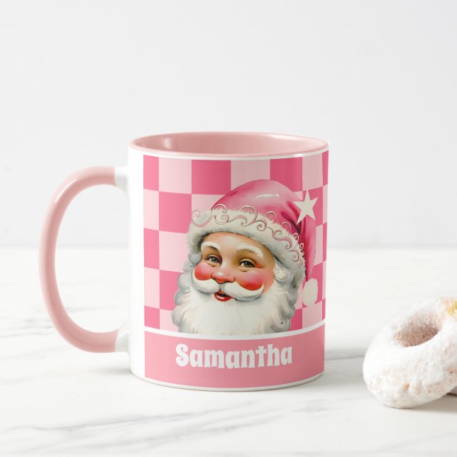 Pink Retro Santa Claus Pink Tartan Plaid Christmas Mug (With Donut)