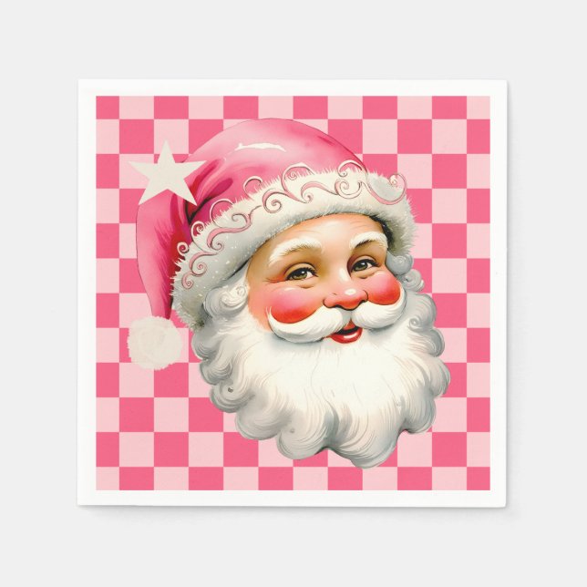 Pink Retro Santa Claus Pink Tartan Plaid Christmas Napkin (Front)