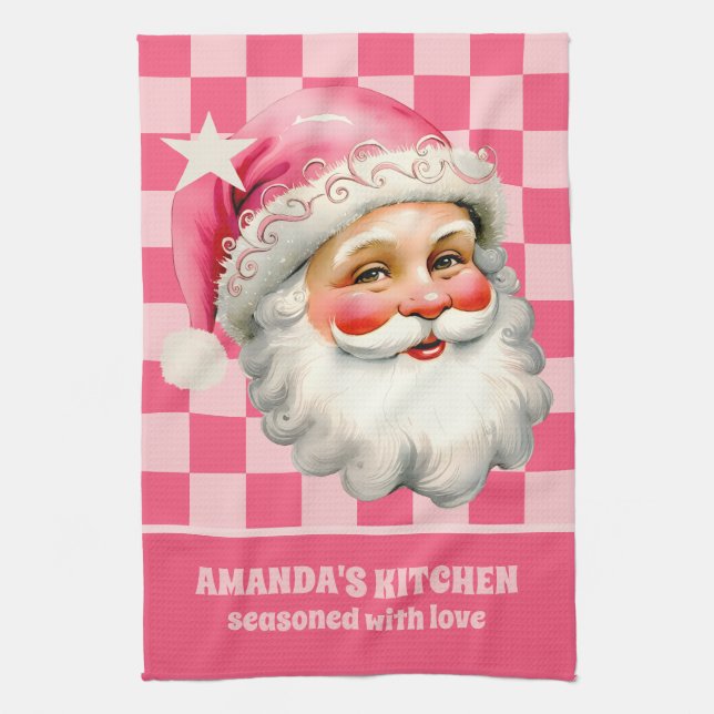 Pink Retro Santa Claus Pink Tartan Plaid Christmas Tea Towel (Vertical)