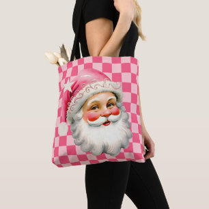 Pink Retro Santa Claus Pink Tartan Plaid Christmas Tote Bag