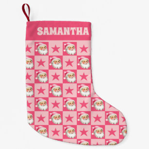 Pink Retro Santa Claus Pink Tartan Plaid Small Christmas Stocking