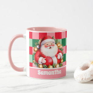 Pink Retro Santa Claus Tartan Plaid Christmas  Mug