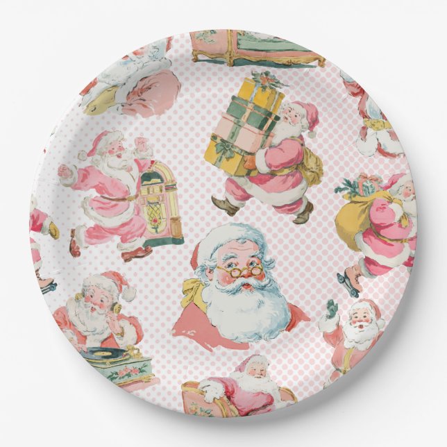 Pink Retro Santa Claus Themed, Christmas Party Paper Plate (Front)