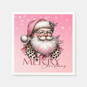 Pink Retro Santa Claus Vintage Merry Christmas  Napkin