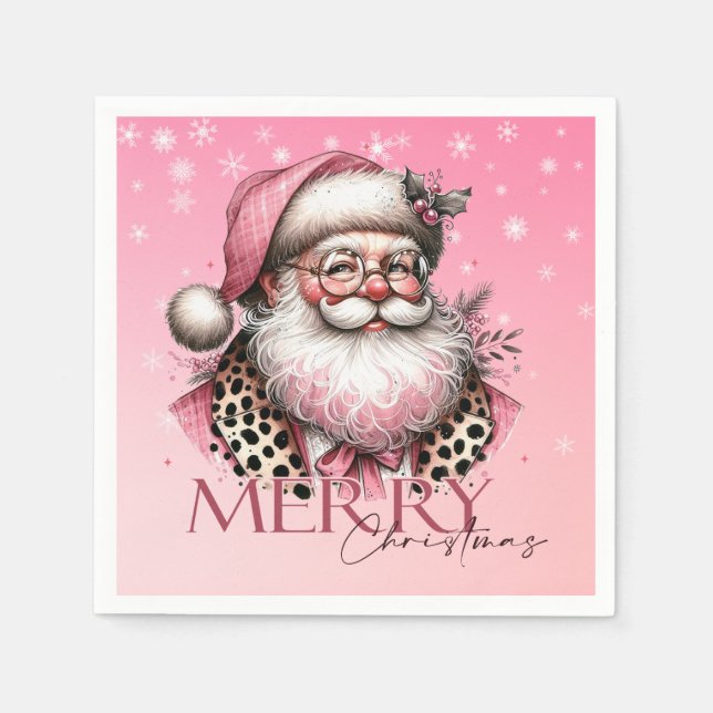 Pink Retro Santa Claus Vintage Merry Christmas  Napkin (Front)