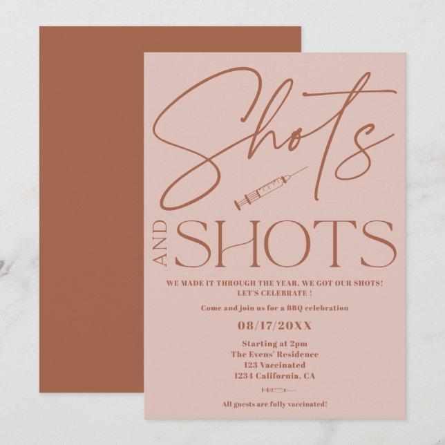 Pink retro script shots Vaccination celebration Invitation (Front/Back)