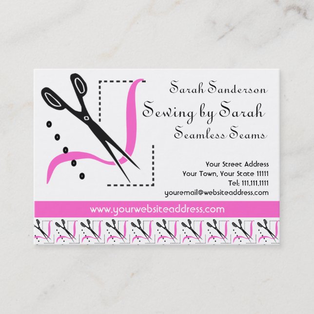 Pink Retro Seamstress Alterations Tailor Business Card (Front)