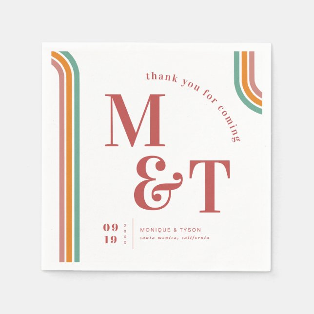 Pink | Retro Seventies Stripes | Wedding Monogram Napkin (Front)