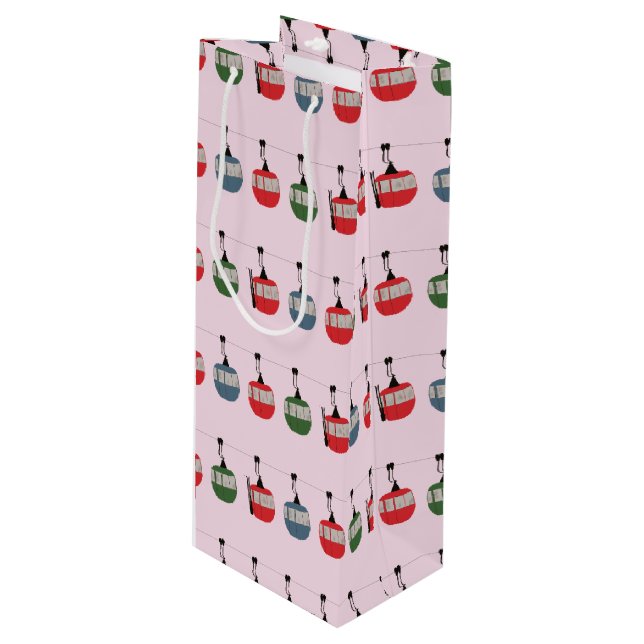 Pink Retro Ski Lift Illustration Skier Wine Gift Bag (Front Angled)