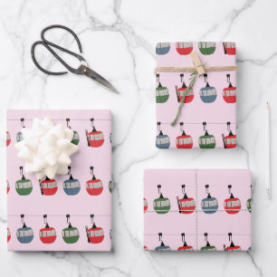 Pink Retro Ski Lift Illustration Skier Wrapping Paper Sheet