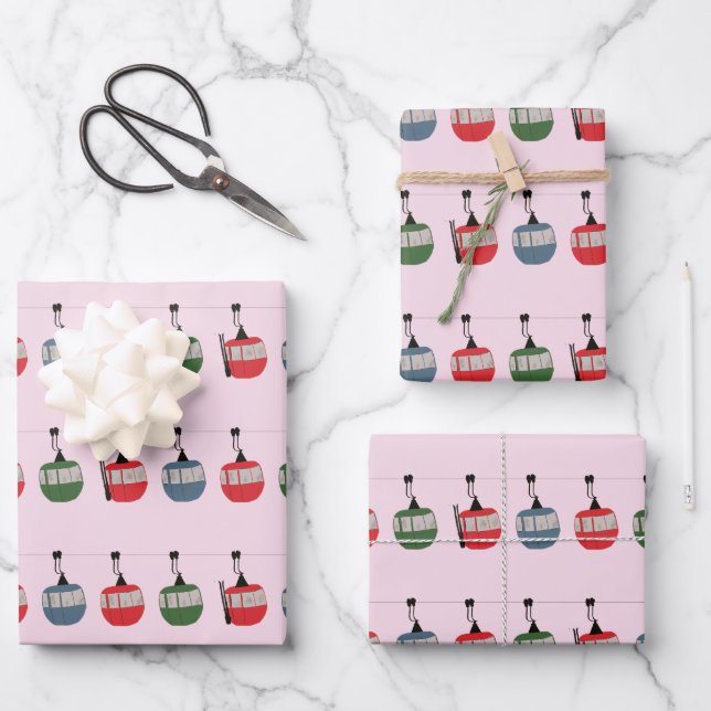 Pink Retro Ski Lift Illustration Skier Wrapping Paper Sheet (Front)