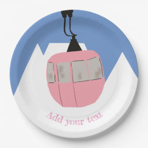 Pink Retro Ski Lift Skiing Snow Mountain  Paper Plate